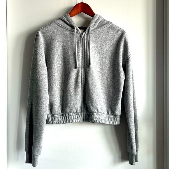 NOBO Tops - [M] Women's Teens Crop Sweatshirt Hoodie, zipper, light grey, cotton 60%